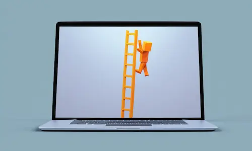 an orange person climbing a ladder